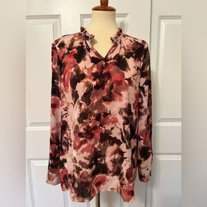 Vera Wang Maroon Floral Print Long Sleeve Blouse